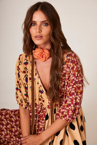 Yacamim D15 Light Brown Patchwork Polka Dot Midi Dress