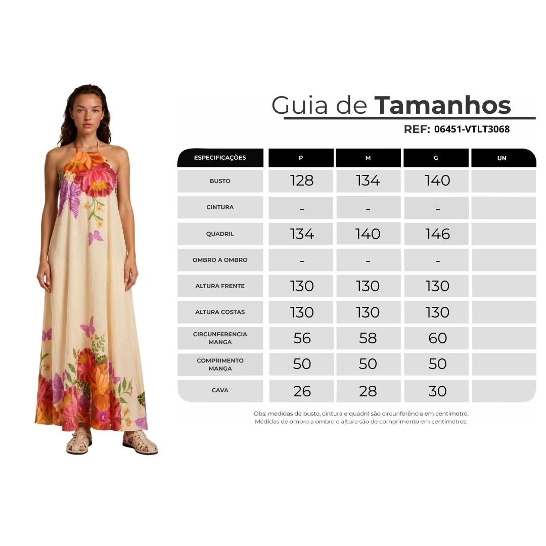 Vestido Longo Frente Única Bege Floral Com Borboletas Yacamim E6