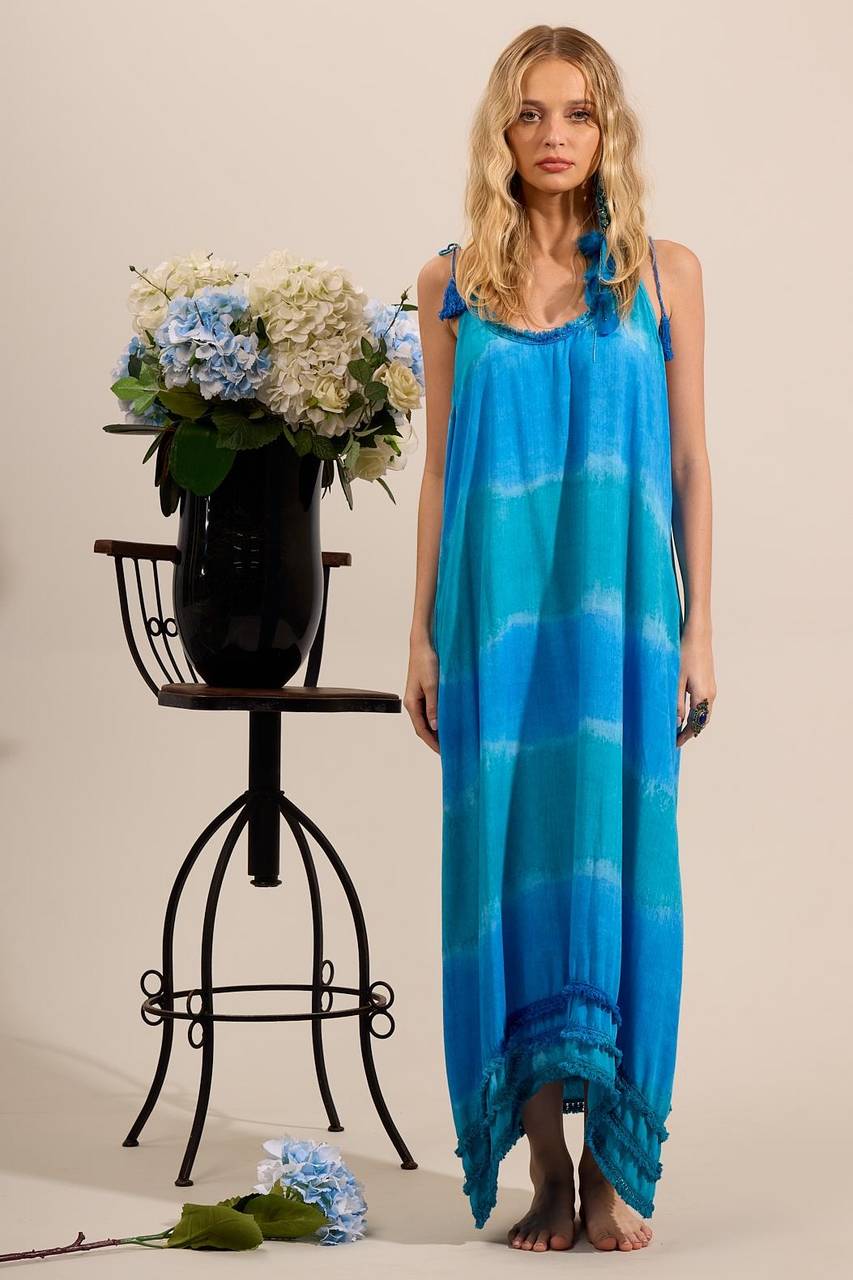 Yacamim D7 Digital Tie-Dye Blue Midi Dress with Tie Straps and Pom-Poms