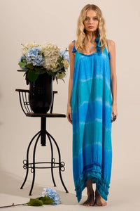 Yacamim D7 Digital Tie-Dye Blue Midi Dress with Tie Straps and Pom-Poms