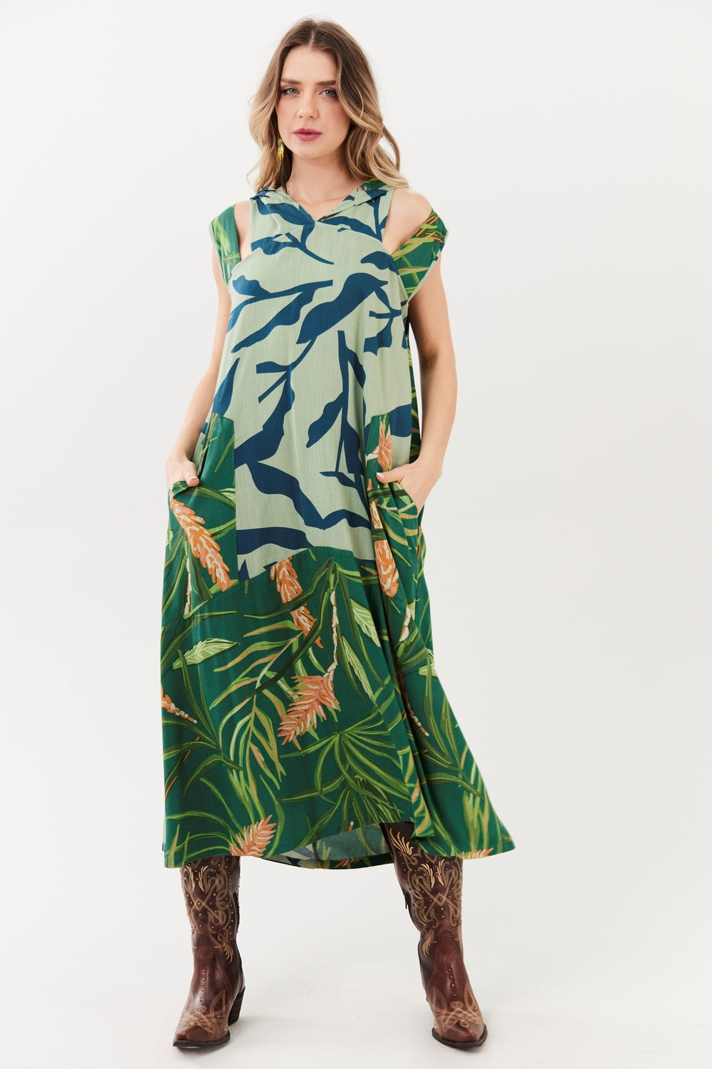 Green Printed Yacamim Hooded Midi Dress E1<br />