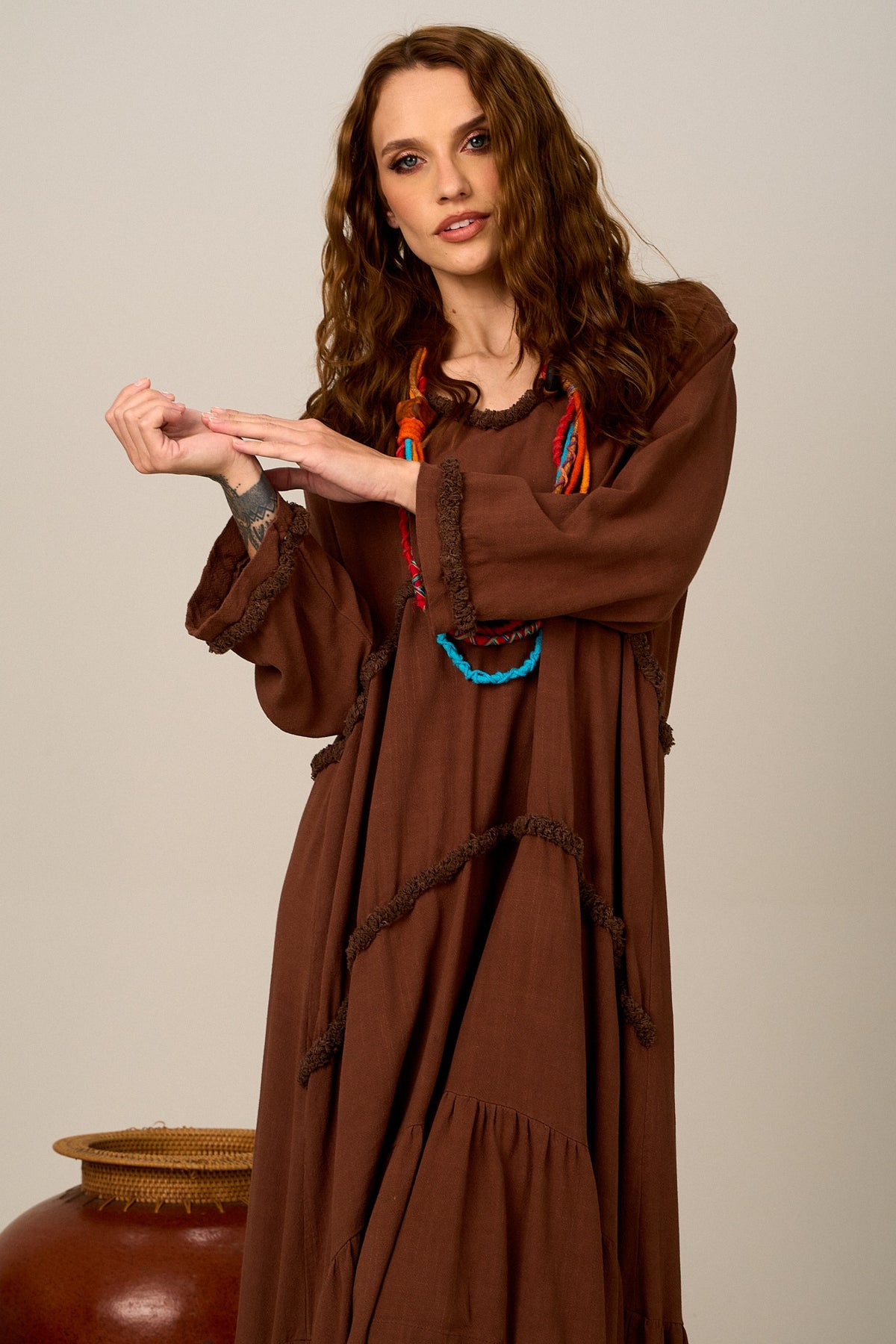 Yacamim E16 Dark Brown Viscose Linen Ruffled Midi Dress