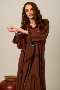 Yacamim E16 Dark Brown Viscose Linen Ruffled Midi Dress