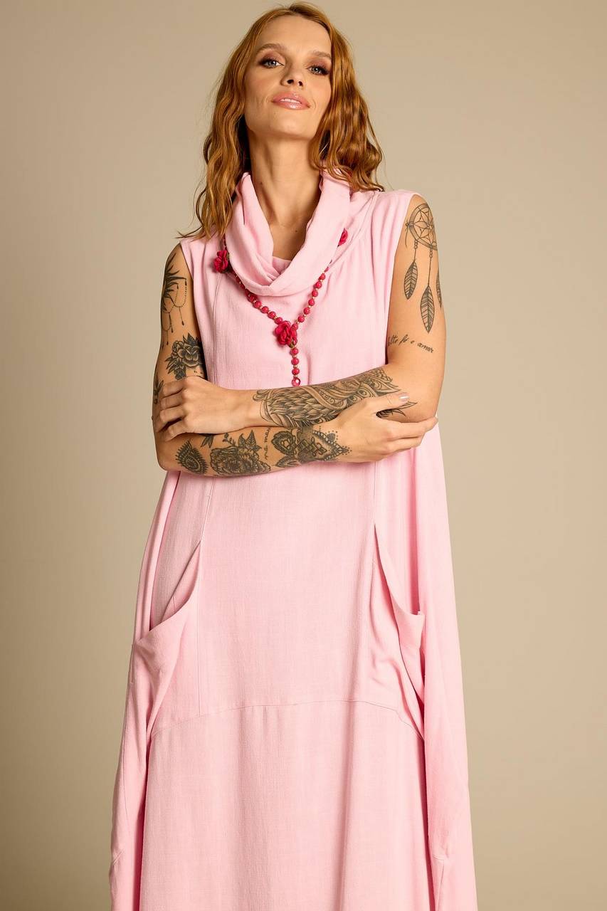 Yacamim E22 Light Pink Sleeveless Turtleneck Long Dress with Pockets