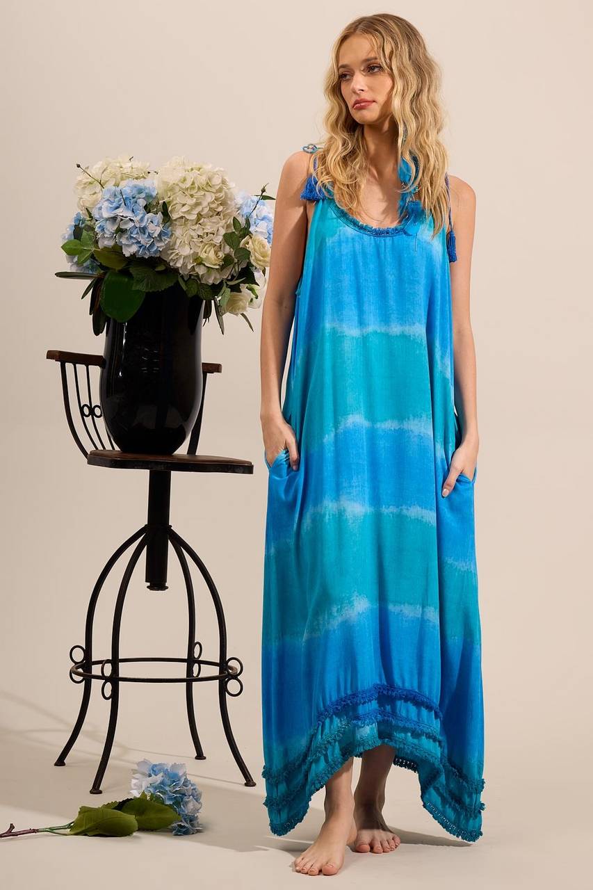 Yacamim D7 Digital Tie-Dye Blue Midi Dress with Tie Straps and Pom-Poms