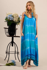 Yacamim D7 Digital Tie-Dye Blue Midi Dress with Tie Straps and Pom-Poms