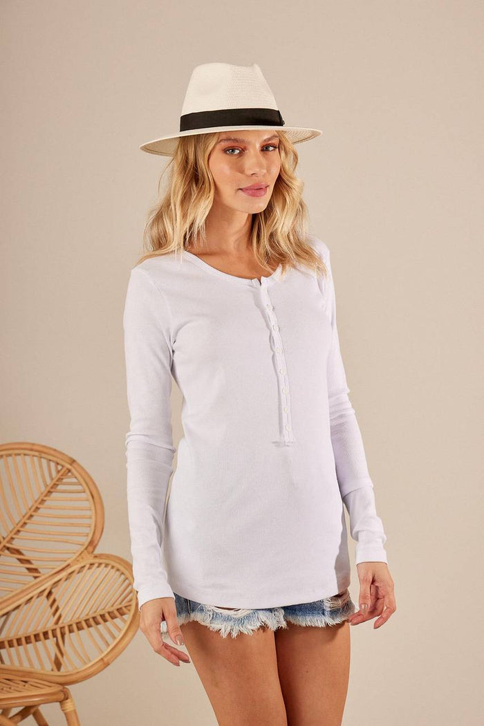 Yacamim White Ribbed Long-Sleeve Basic Blouse