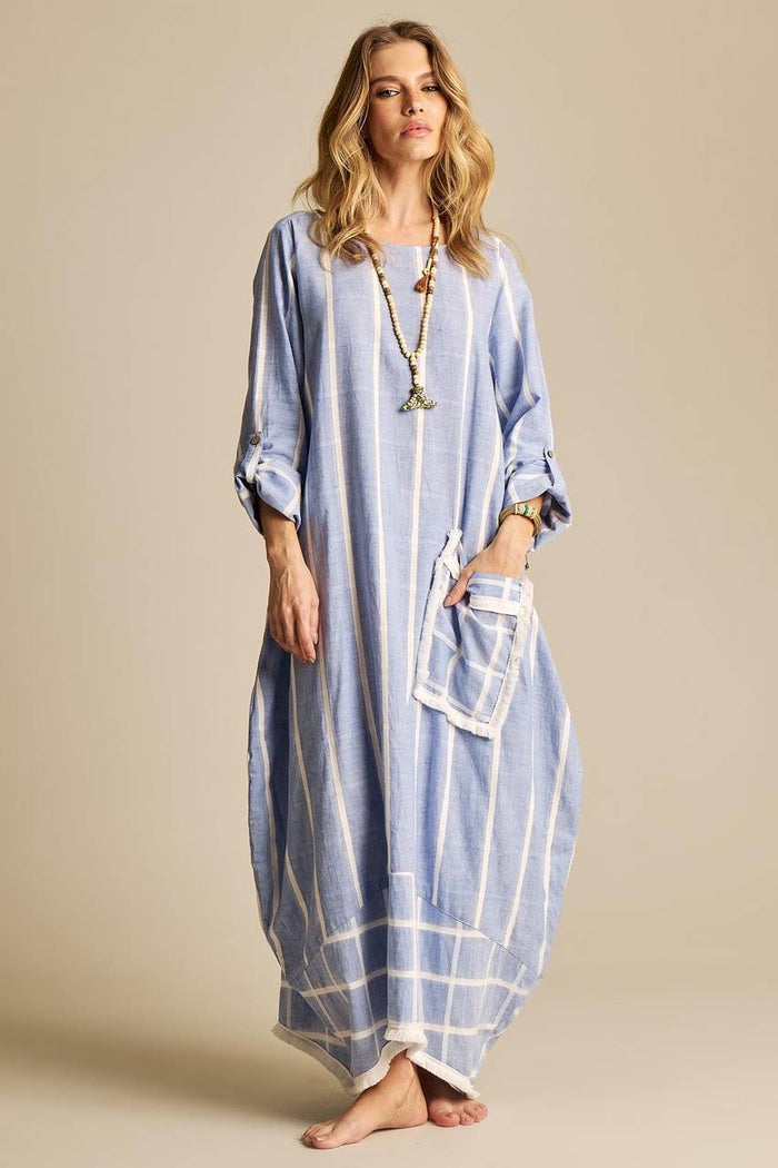 Yacamim Light Blue Plaid Linen Long Dress
