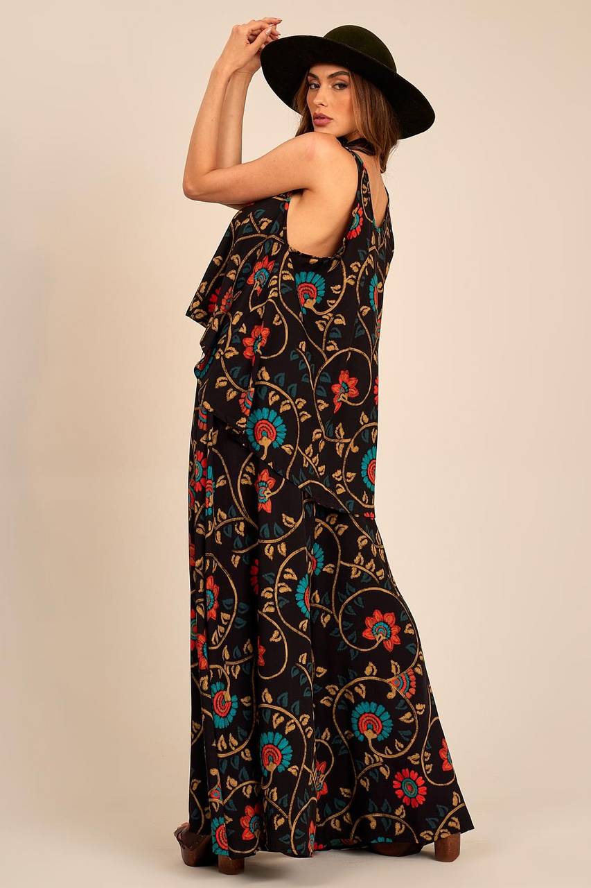 Yacamim Flared Pant Trousers in Black Print<br />