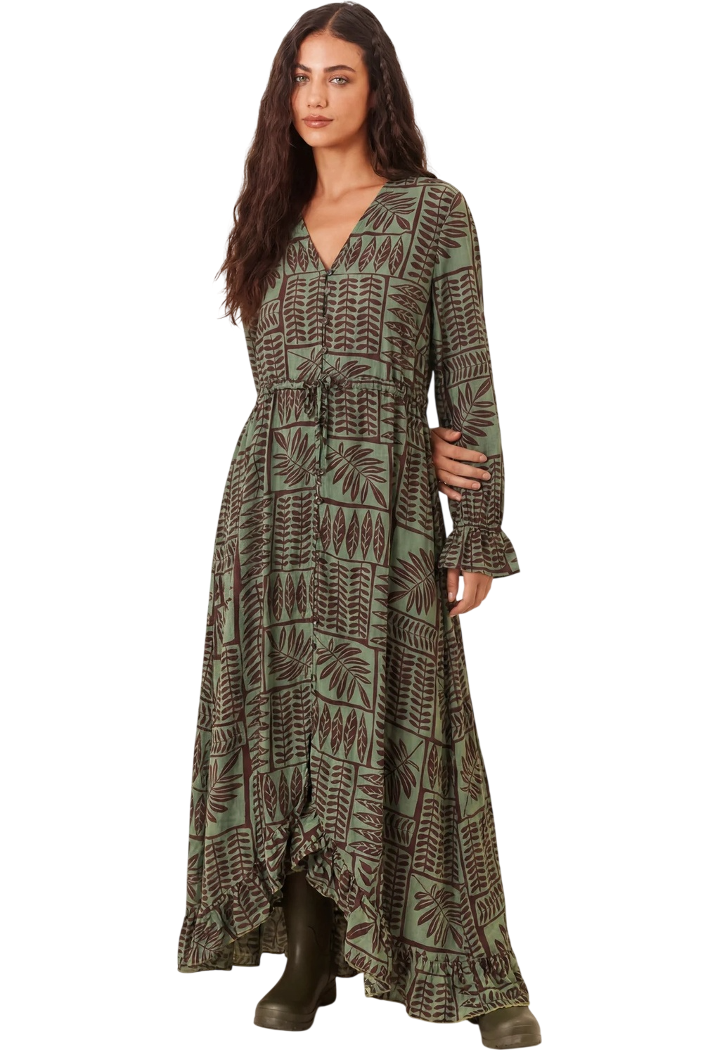 Vestido Longo Com Fechamento De Botões Verde Estampado Yacamim C7