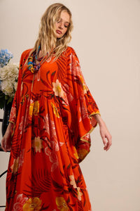 Yacamim D12 Orange Printed Long Dress with Flared Long Sleeves