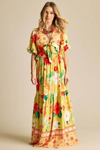 Yacamim A7 Long Skirt with Elastic Waistband, Yellow Print