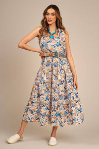 Yacamim Off-White Broderie Midi Dress with Print