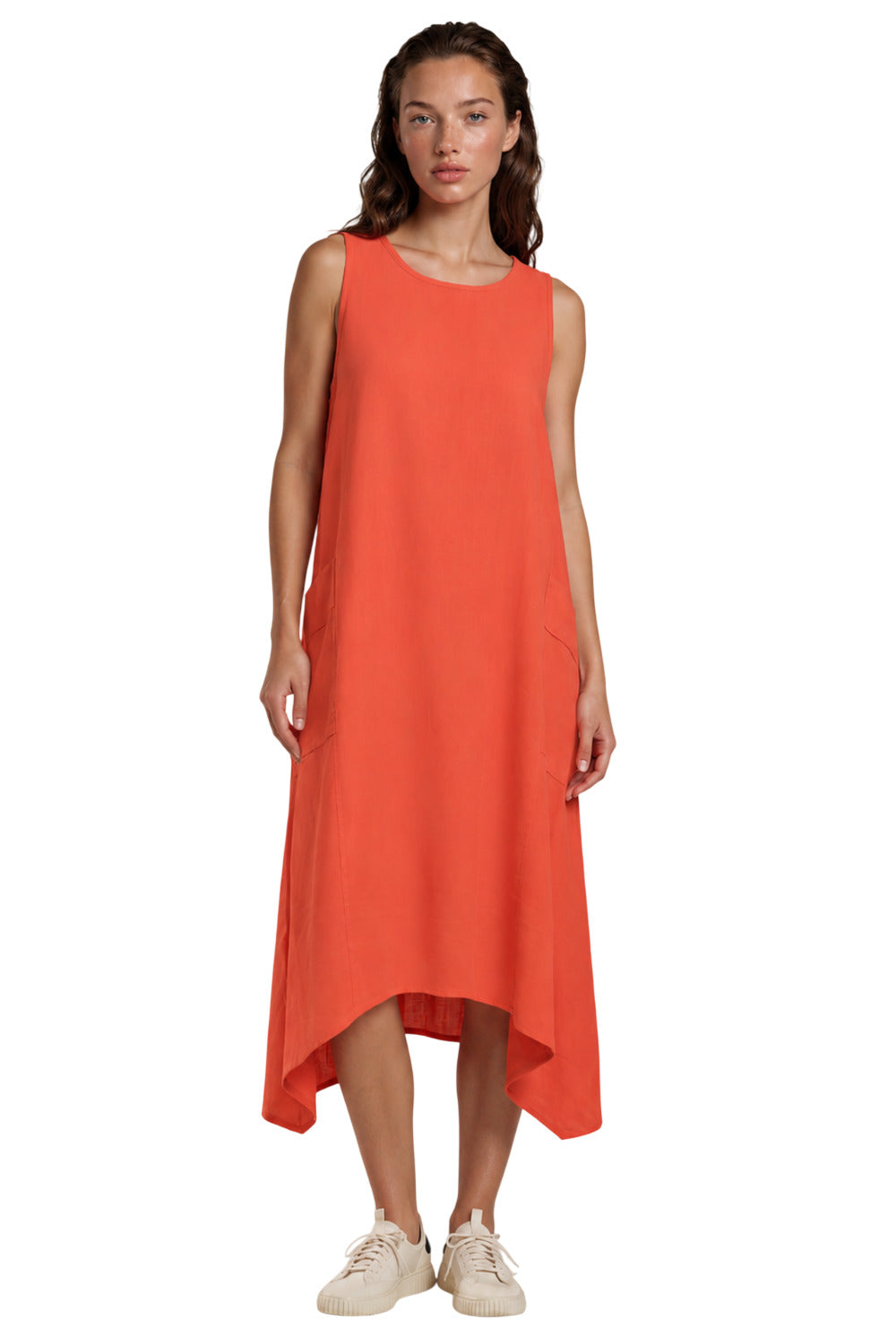 Vestido Regata Midi Viscolinho Com Bolsos Vermelho Ferrugem Yacamim D9