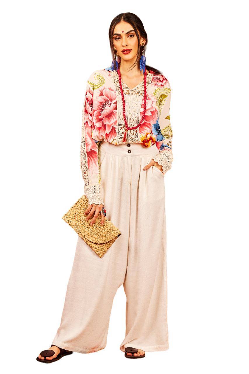 Yacamim Light Beige Sarouel Palazzo Pants with Pockets
