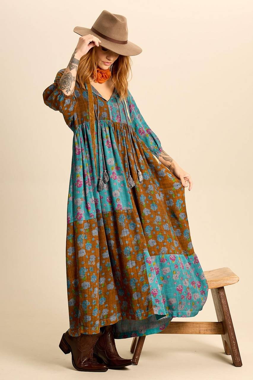 Teal Long Dress with Pom-pom Drawstrings Patchwork Yacamim