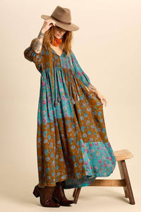 Teal Long Dress with Pom-pom Drawstrings Patchwork Yacamim