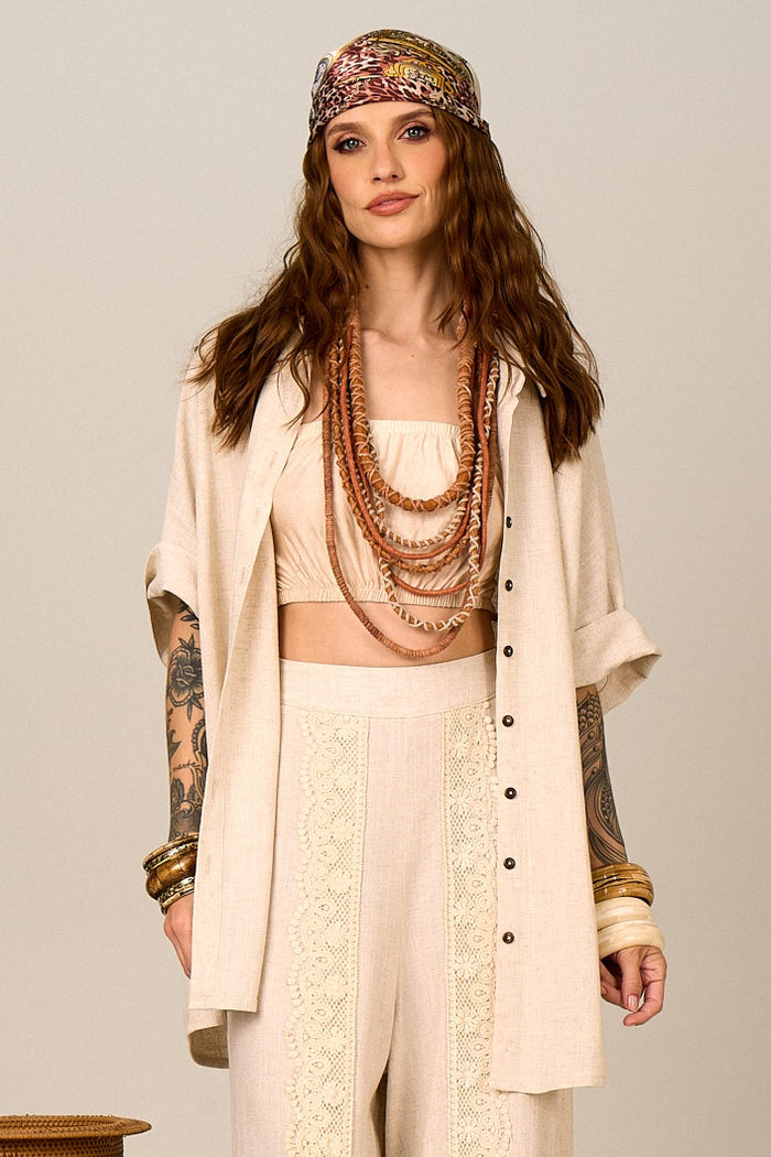 Yacamim Beige Nature Linen 3/4 Sleeve Shirt a28