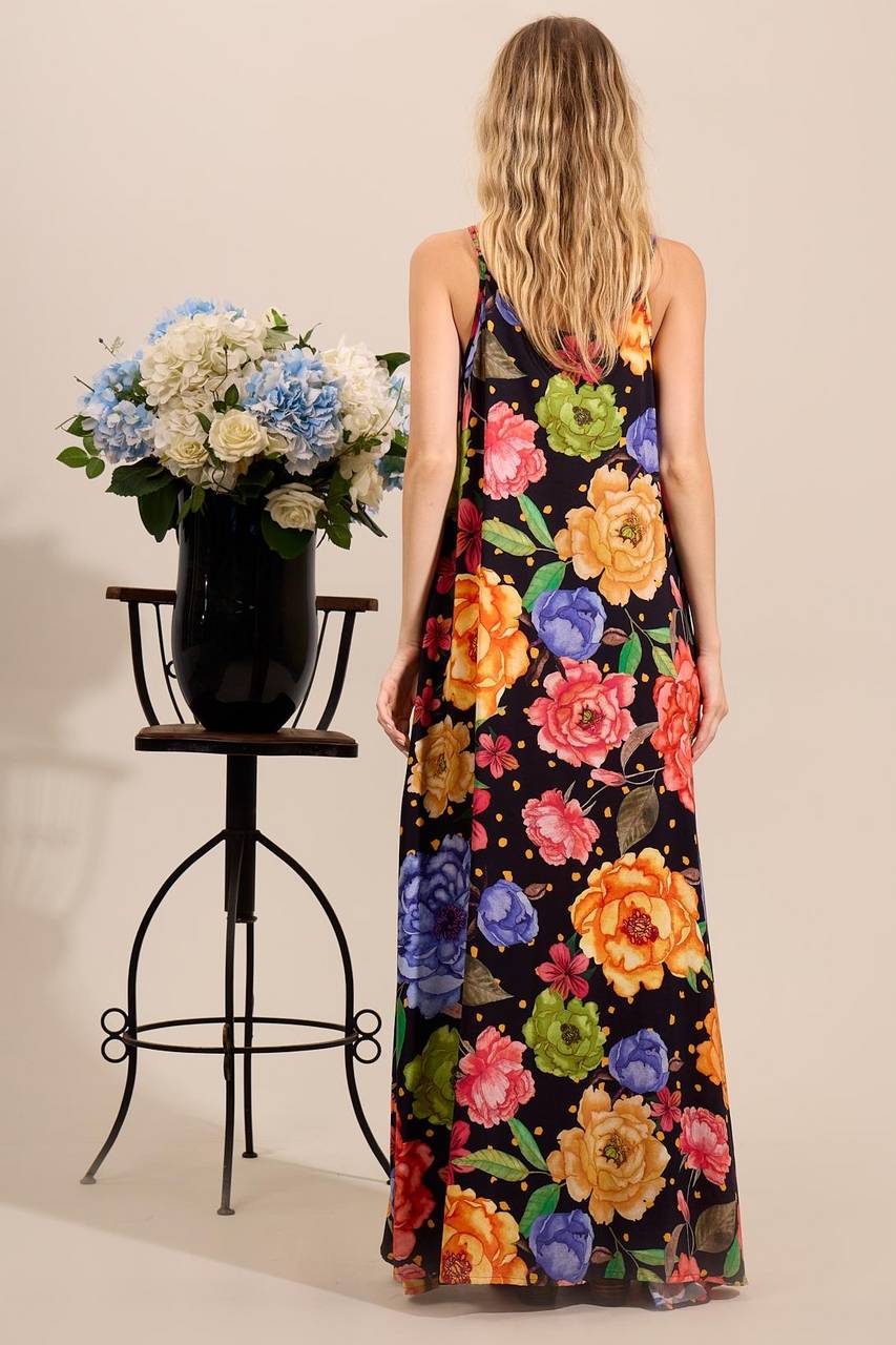 Yacamim Black Floral Print V-Neck Long Dress with Adjustable Straps