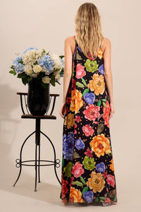 Yacamim Black Floral Print V-Neck Long Dress with Adjustable Straps