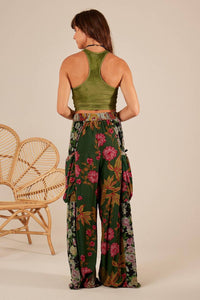 Dark Green High-Waisted Palazzo Pants Patchwork Yacamim H7