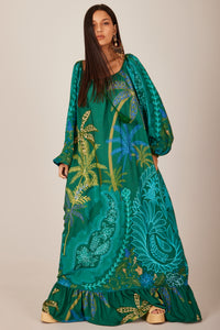 Yacamim D26 Printed Green Off-the-Shoulder Long Dress