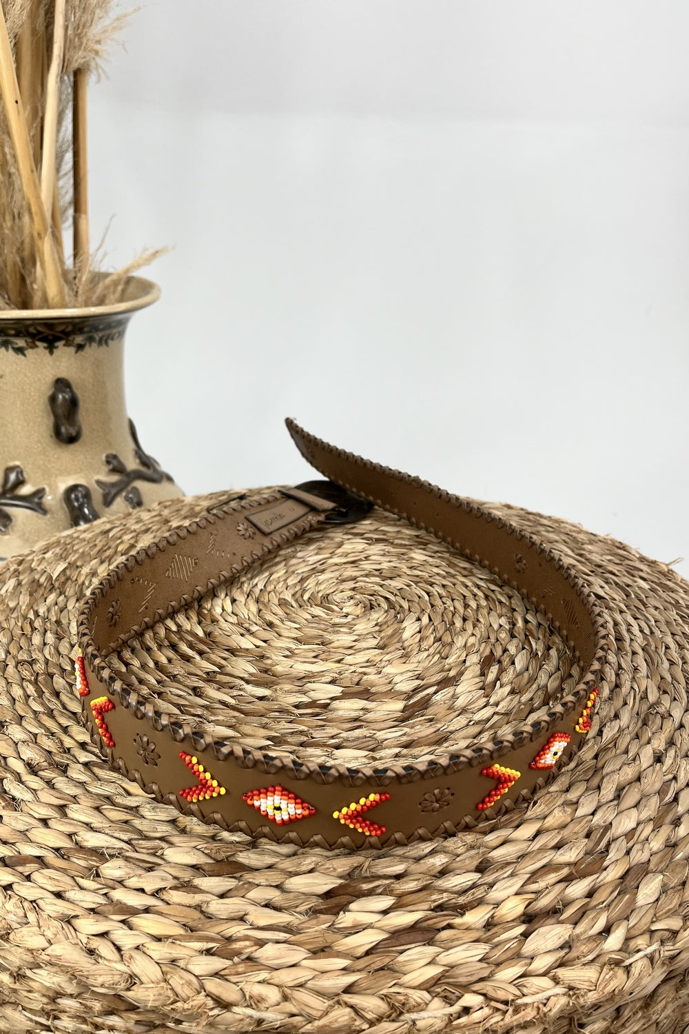 Yacamim Beaded Leather Belt with Old Gold Buckle #10
