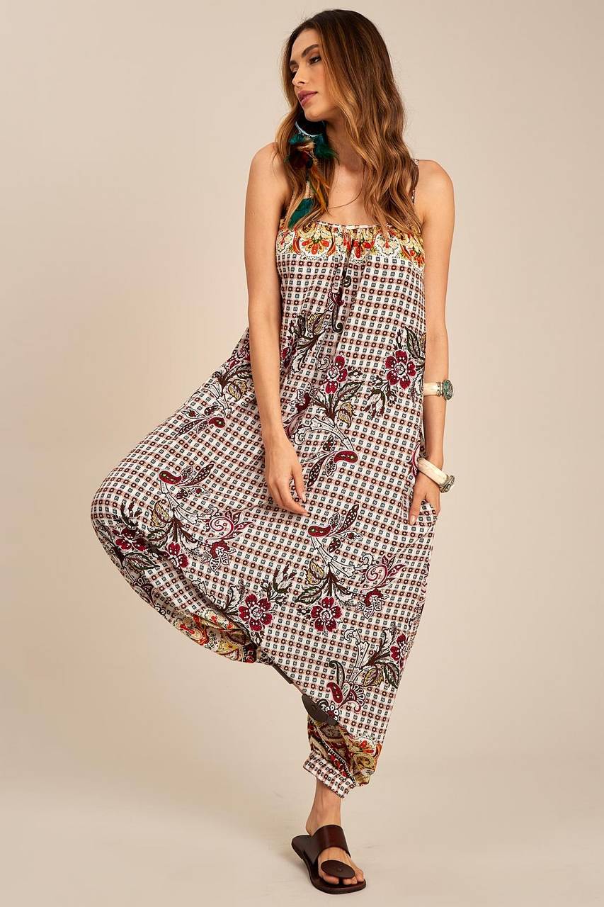Yacamim Printed White Saruel Jumpsuit with Straps