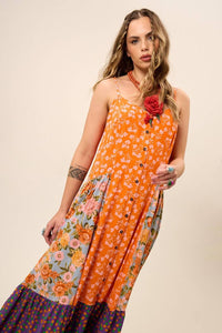 Yacamim Women's Long Orange Patchwork Button-Front Dress K3