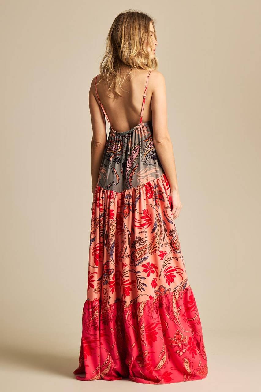 Yacamim D18 Grey and Pink Patchwork Long Dress with Adjustable Straps