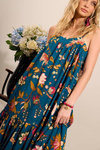 Yacamim Printed Blue Long Dress with Adjustable Straps and Ruffles