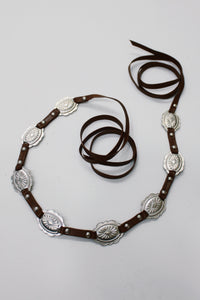 Yacamim #676 Brown Faux Leather Tie Belt with Thin Strap and Metal Hardware