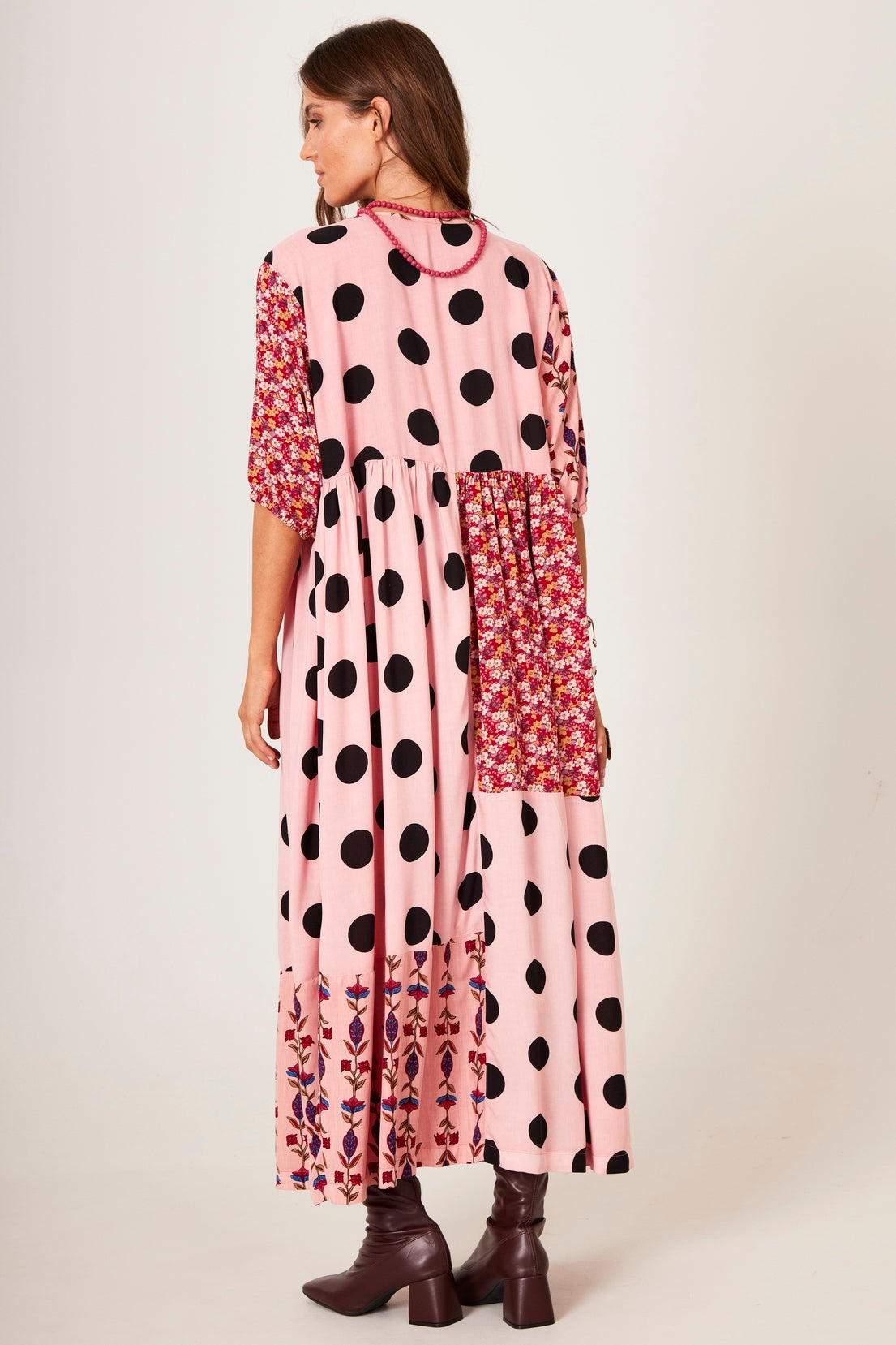 Light Pink Polka Dot Patchwork Midi Dress Yacamim E26