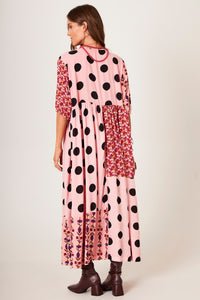 Light Pink Polka Dot Patchwork Midi Dress Yacamim E26