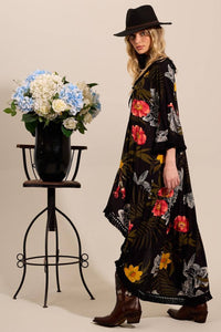 Yacamim C18 Printed Black Mullet Dress with Fringed Cuffs and Hem