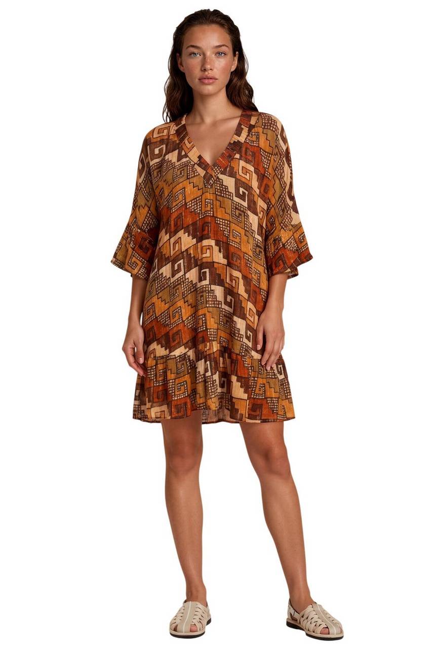 Vestido Curto Lurex Marrom Estampado Coleção Peru Yacamim K7