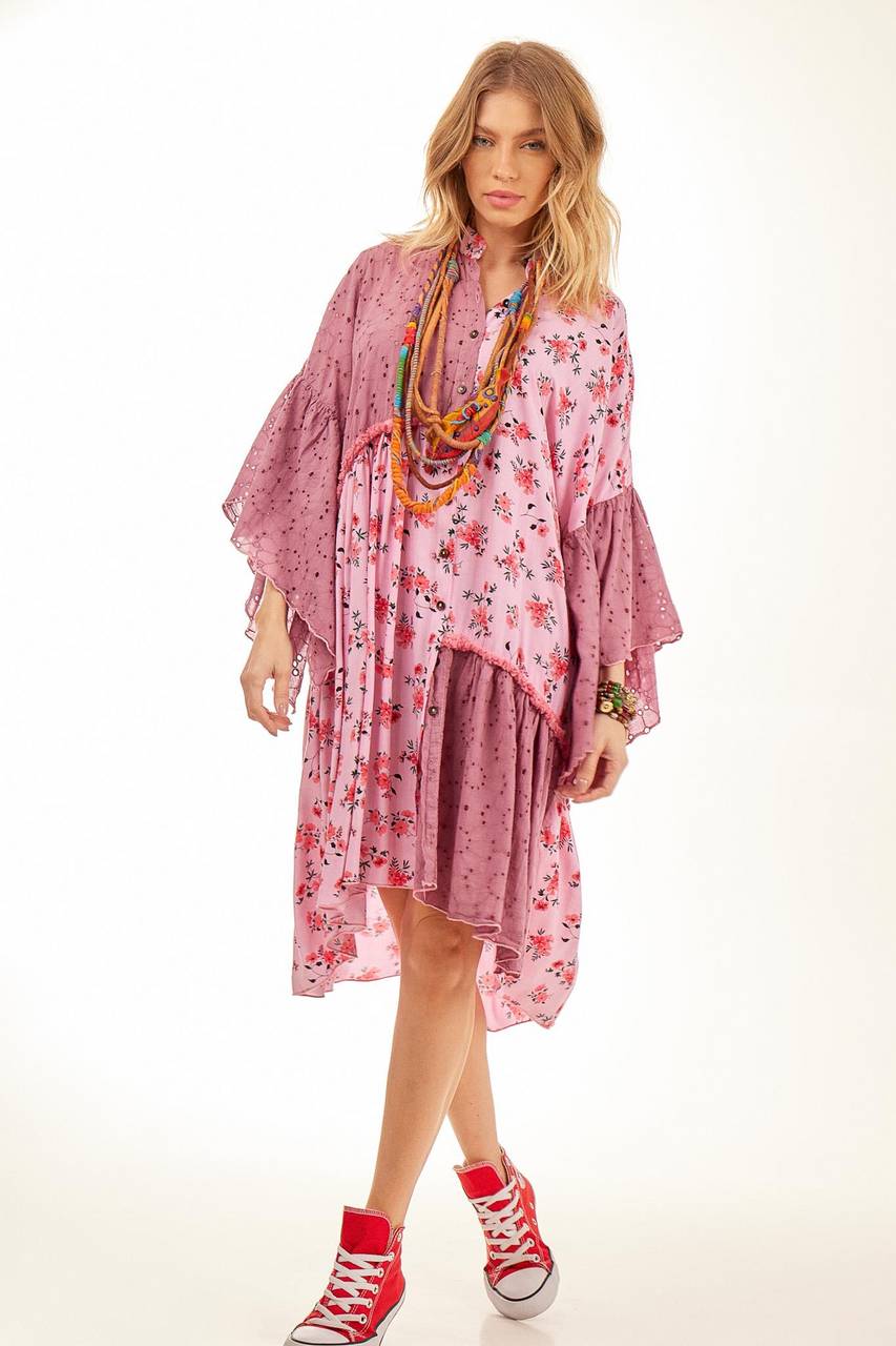 Yacamim Pink Patchwork Short Chemise Dress with Asymmetrical Ruffles
