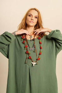 Long Dress with Long Sleeves and Pockets Moss Green Yacamim D26