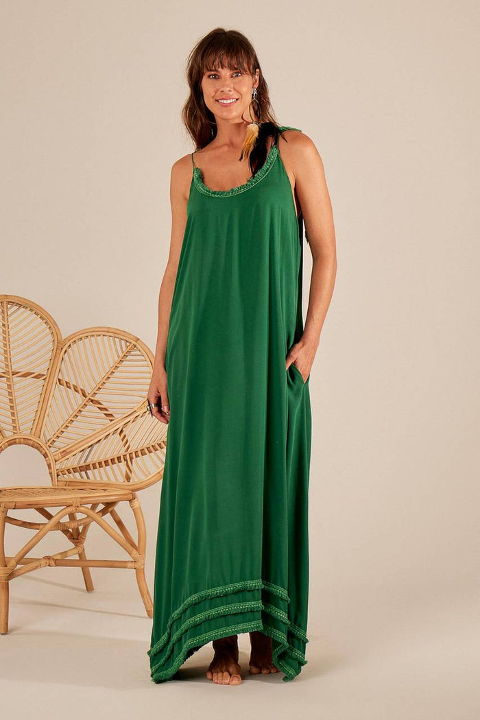 Yacamim Forest Green Strappy Ruffle Long Dress