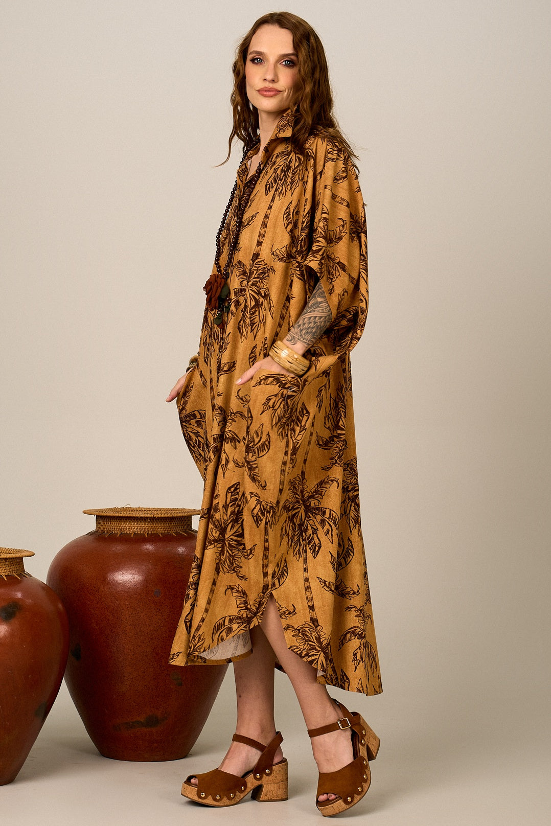 Yacamim P2 Brown Viscolinho Midi Chemise with Coconut Tree Print