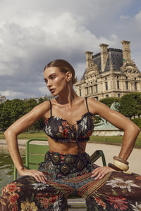 Yacamim A23 Paris Black Printed Tulle Cropped Top With Straps