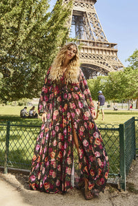 Yacamim D8 Paris Black Floral Print Long Tulle Dress