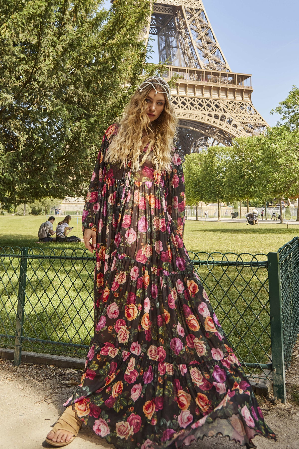 Yacamim D8 Paris Black Floral Print Long Tulle Dress