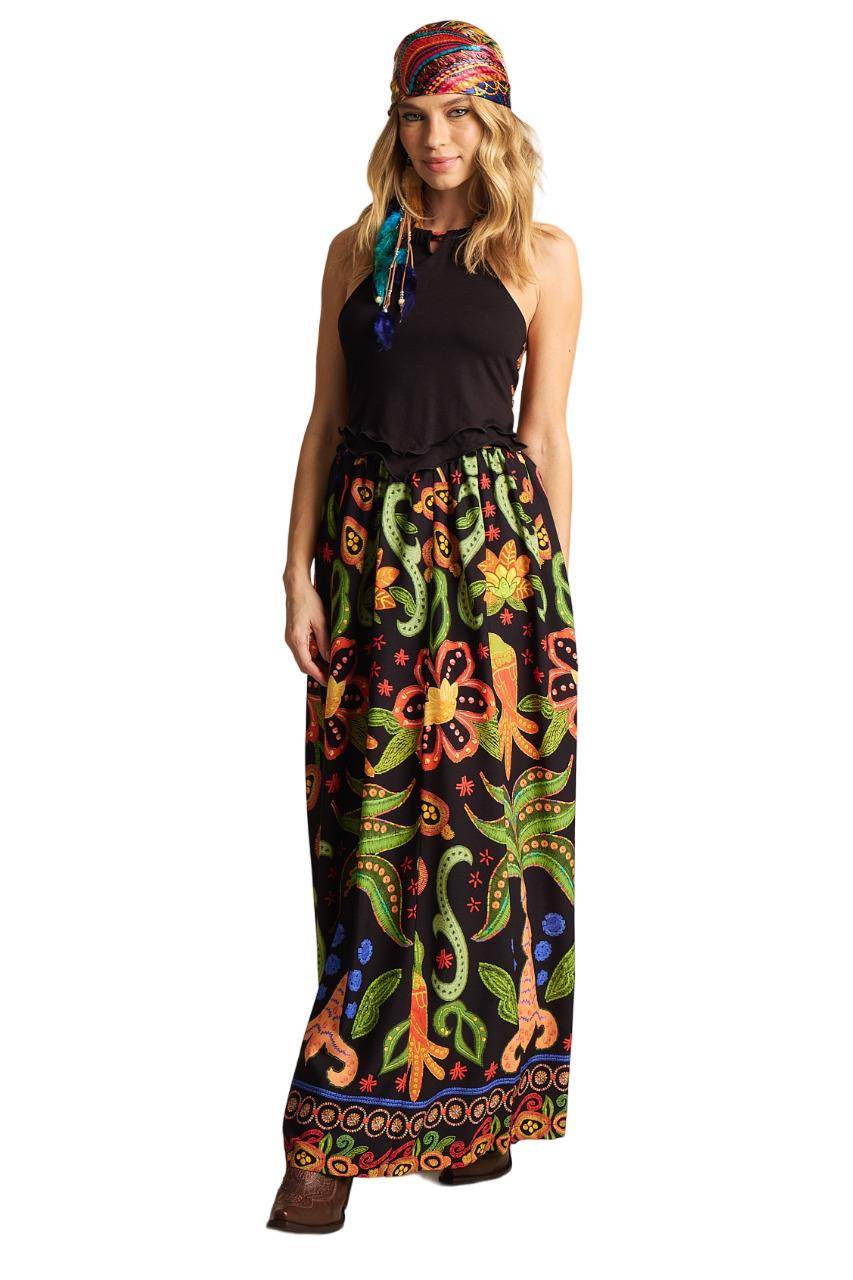 Long Skirt with Elastic Waist Black Printed Yacamim A25