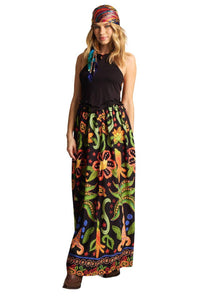 Long Skirt with Elastic Waist Black Printed Yacamim A25