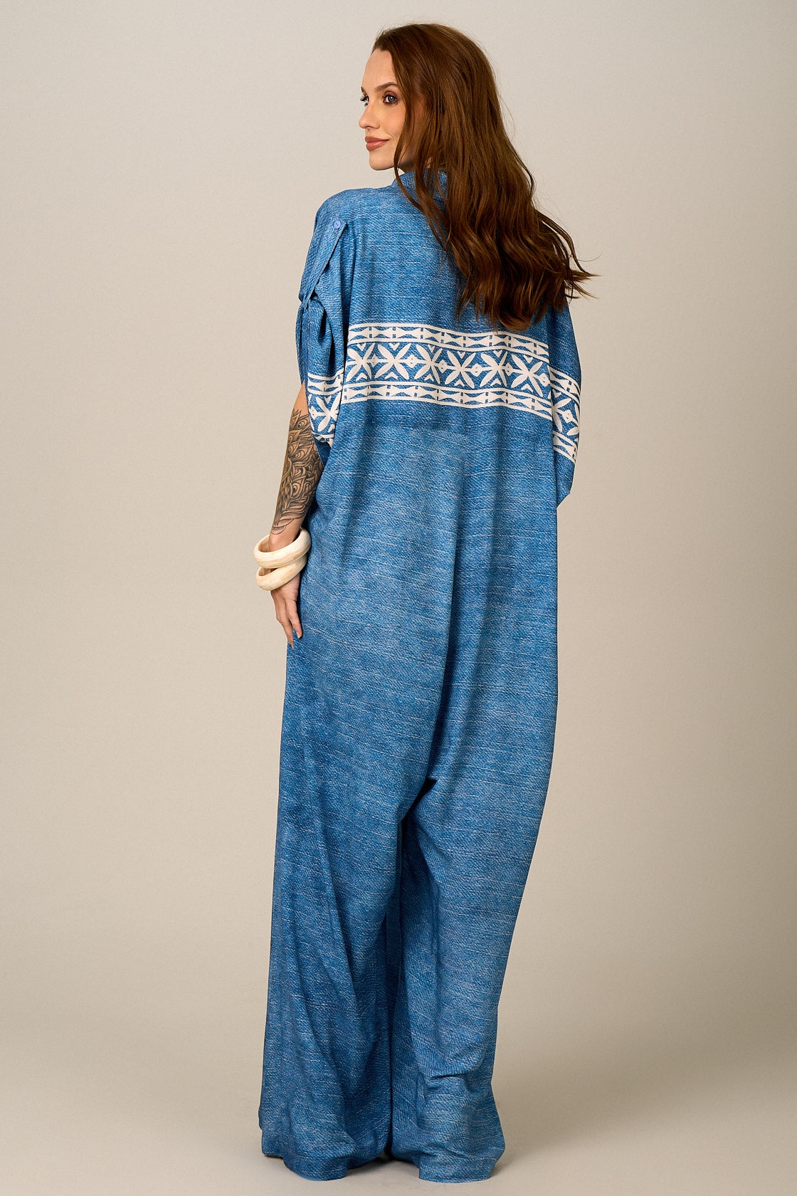 Yacamim Blue Printed Wide-Leg Long Jumpsuit O2