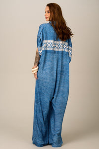 Yacamim Blue Printed Wide-Leg Long Jumpsuit O2