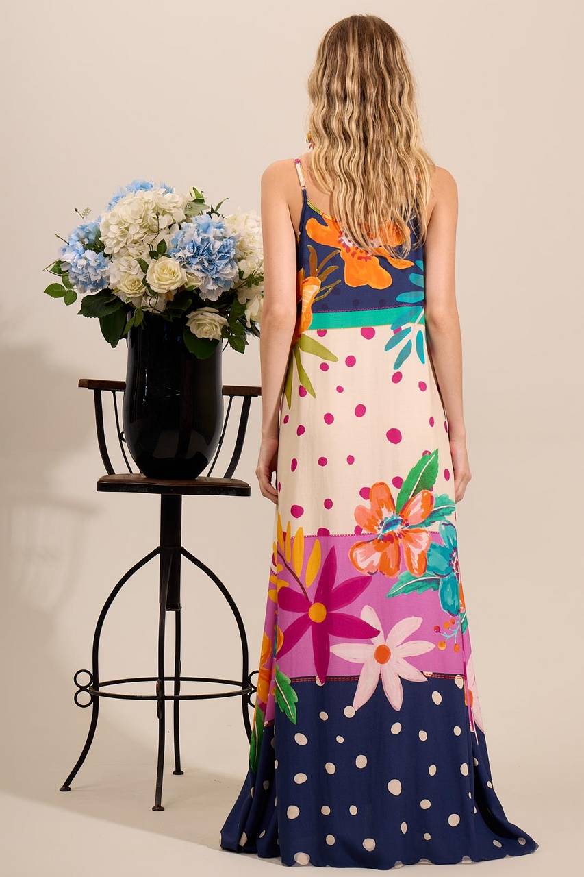 Women's Long Dress with Adjustable Straps, Blue Polka Dot Print, Yacamim C23