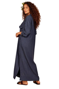 Yacamim Navy Blue Loose Long Shirt with Rolled-Up Sleeves