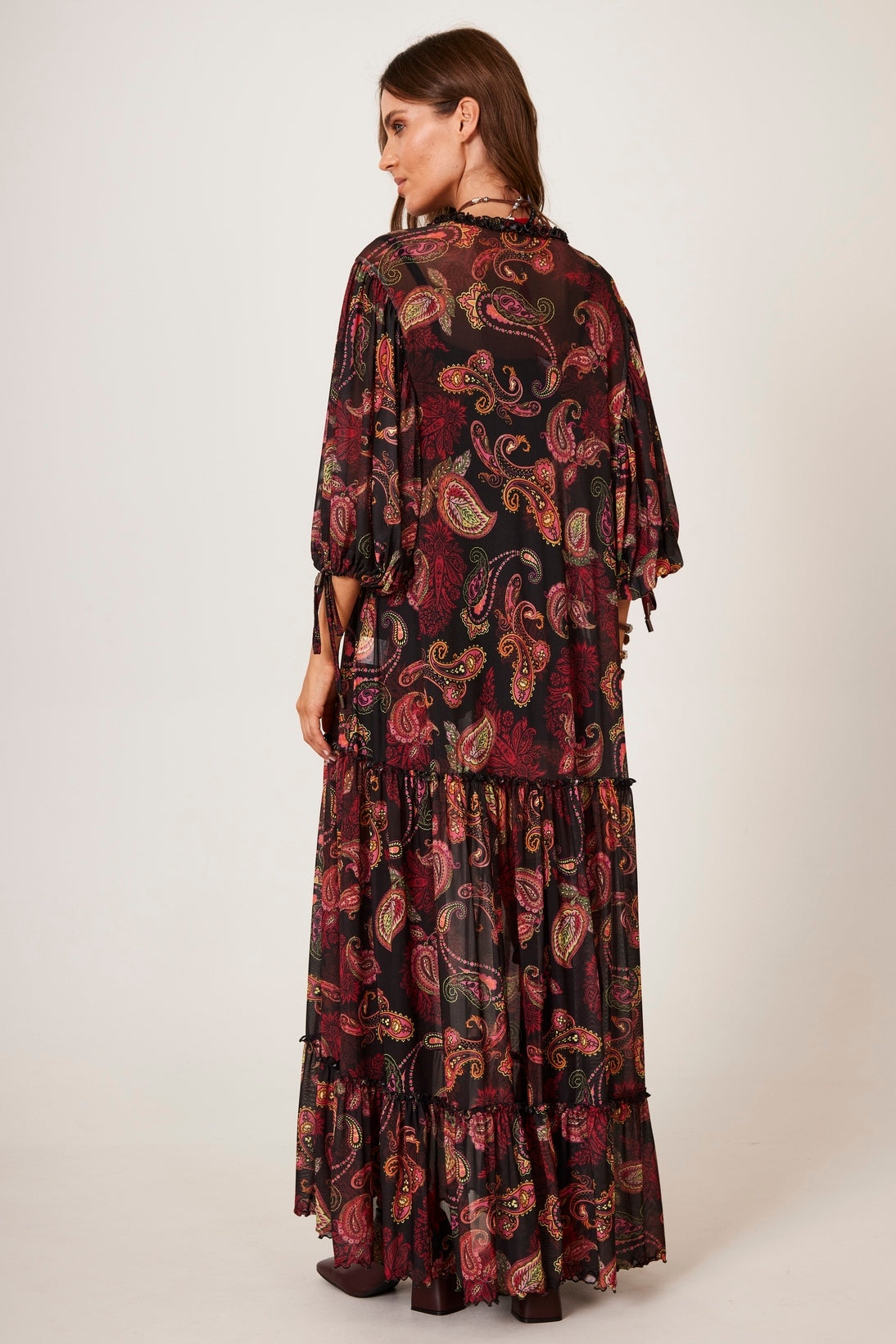 Yacamim E6 Black Tulle Long Dress with Cashmere Print